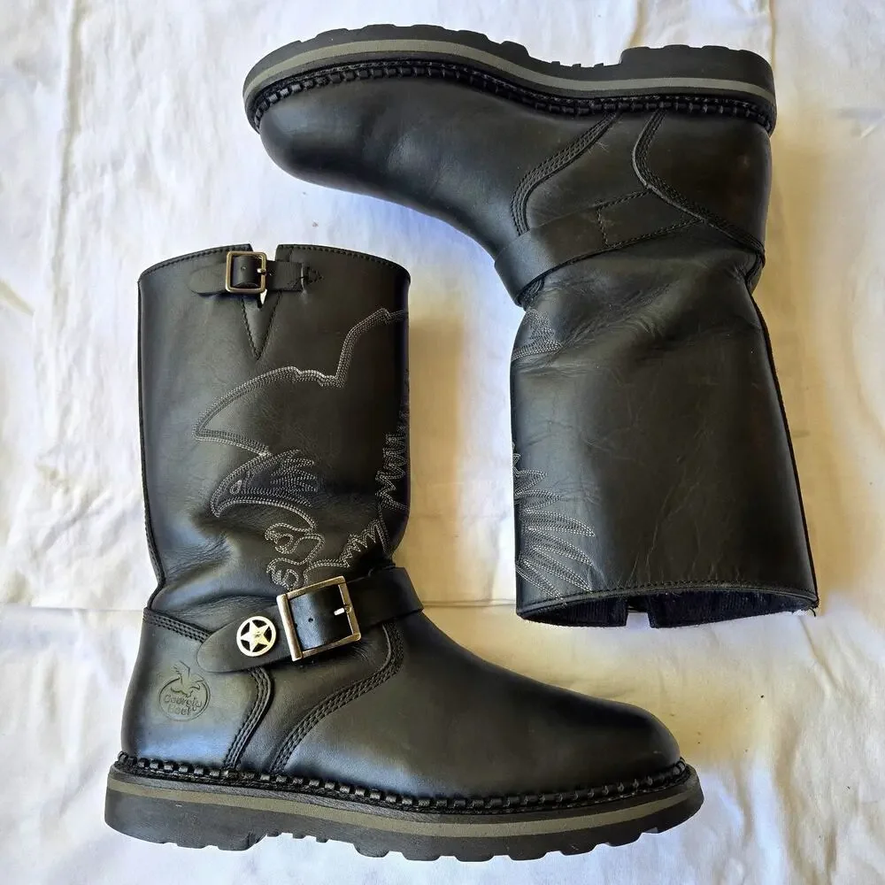 Georgia Boot Men's Black Leather Engineer Motor Bike Boots Eagle Detail Size 9